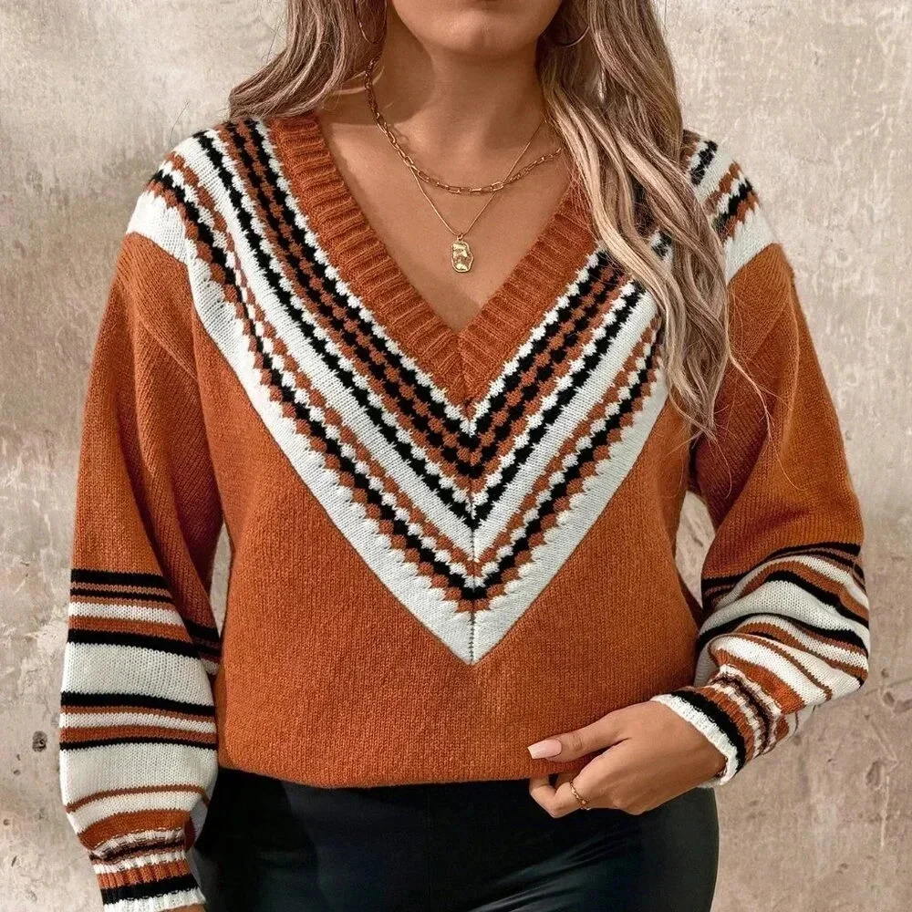 Orange Casual Women's Plus Size Knitted Loose Colorblock V-Neck Pullover Sweater - Picture 6 of 8